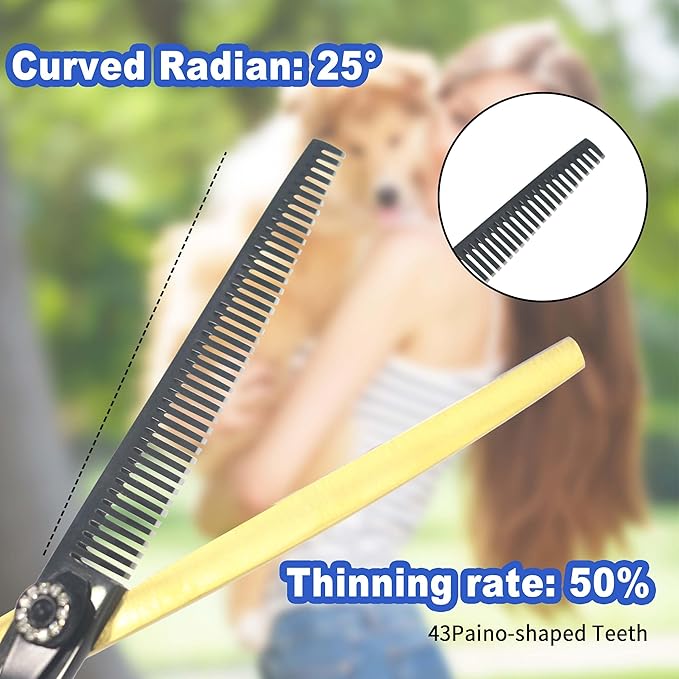 7" Curved Thinner Dog Scissor, Curved Fluffer Scissors, 43 Teeth, 50% Thinning Rate, Professional Pet Shear for Groomer, Ergonomic Dog Grooming Scissor, Dogs Shear for Grooming to remove bulk quickly