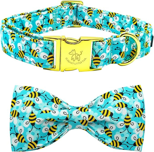 Elegant Little Tail Blue Bees Print Dog Collar with Bow Tie for Small to Large Dogs