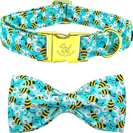 Elegant Little Tail Blue Bees Print Dog Collar with Bow Tie for Small to Large Dogs
