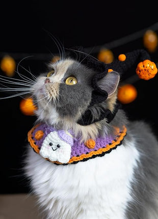 Cat Halloween Costume-Handmade Knitted Cute Ghost Bandana & Black Witch Hat for Cats and Small Sized Dogs, Festive Pet Apparel, Adjustable and Breathable Dog Costume,Also Suits Dolls