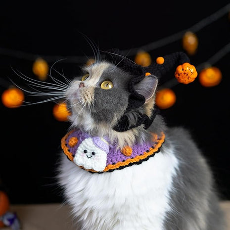 Cat Halloween Costume-Handmade Knitted Cute Ghost Bandana & Black Witch Hat for Cats and Small Sized Dogs, Festive Pet Apparel, Adjustable and Breathable Dog Costume,Also Suits Dolls