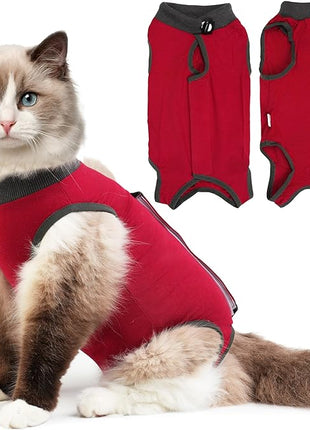 Cat Recovery Suit for Spay Abdominal Wounds, Kitten Onesie Bodysuit for Cats After Surgery, Cat Surgery Recovery Suit Female Cone of Shame Alternative for Cats Anti Licking (Red,M)