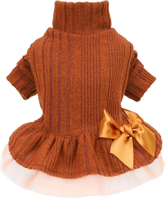 Fitwarm Knitted Dog Tulle Sweater Dress, Dog Winter Clothes for Small Dogs Girl, Cat Apparel, Orange, Medium