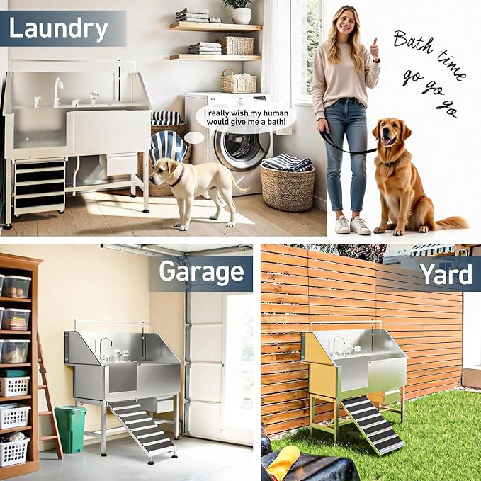 Dog Washing Station,56" Professional Stainless Steel Dog Bathing Station for Large Dog Height Adjustable Dog Wash Station for Home Dog Grooming Tub with Drawer, Floor Grate & Fauct (L-Ramp)