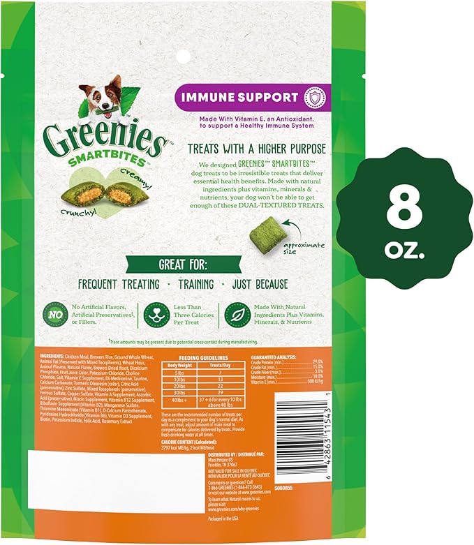 Greenies Smartbites Immune Support Crunchy & Soft Dog Treats, Chicken Flavor, 8 oz. Pack
