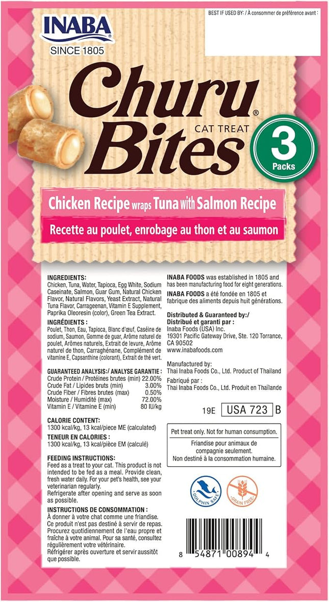 INABA Churu Bites for Cats, Soft Baked Chicken Churu Filled Cat Treats with Green Tea Extract, 0.35 Ounces Each Tube, 9 Tubes Total, Tuna with Salmon Recipe