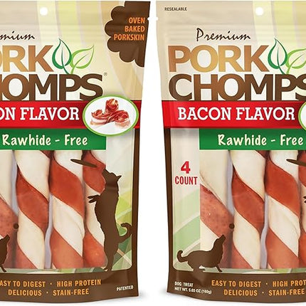 Pork Chomps Baked Pork Skin Dog Chews, 6-inch Twists, Bacon Flavor Wrap, 4 Count (Pack of 2)