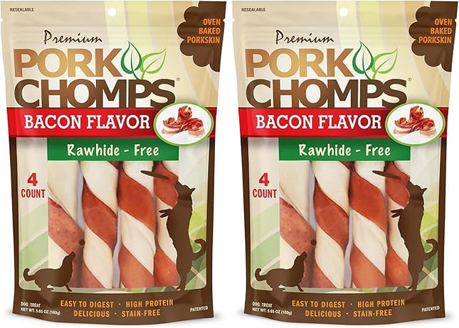 Pork Chomps Baked Pork Skin Dog Chews, 6-inch Twists, Bacon Flavor Wrap, 4 Count (Pack of 2)