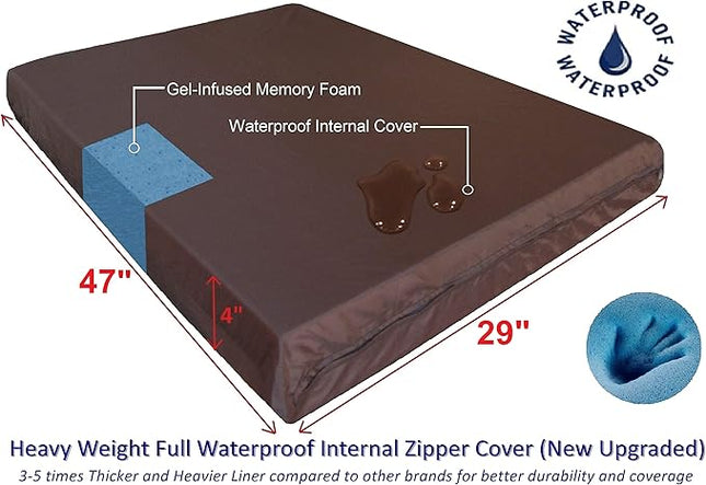 Dogbed4less Extra Large True Orthopedic Gel Memory Foam Dog Bed, Waterproof Liner and Durable Brown Cover, XL 47X29X4 Inch Fit 48"X30" Crate