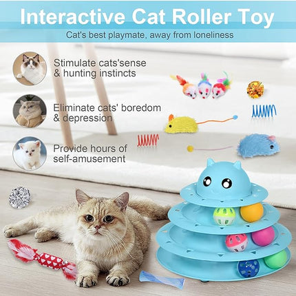 UPSKY 24 PCS Cat Toys, 3-Level Turntable Kitten Toys Set, Interactive Cat Roller Toys for Indoor Cats, Catnip Toys, Cat Teaser Toys, Mice Toys, Spring Toys, Various Ball Toys for Kitty