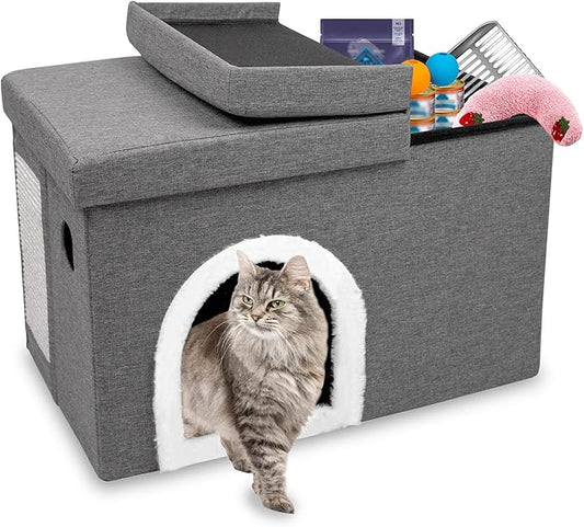 CAROLMADE Cat Beds for Indoor Cats, Collapsible Cat House with Storage Space & Scratch Pad Cat Cave for Small Pet Under 20 Lbs