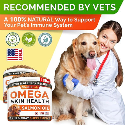 StrellaLab Omega 3 for Dogs - (360Ct) Fish Oil Treats - Allergy & Itch Relief Skin & Coat Supplement - Dry Itchy Skin, Anti Shedding & Hot Spots Treatment - Pet Salmon Oil Chews - Chicken Flavor