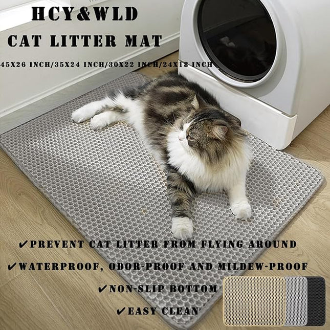 HCY&WLD Cat Litter Mat, 45x26/35x24/30x22/24x18 Inch Double Layer Cat Litter Box Mat, EVA Non-Slip, Waterproof Urine Proof Cat Litter Catcher Mat, Easy Clean Scatter Control (24x18 Inch, Khaki)