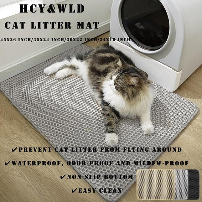 HCY&WLD Cat Litter Mat, 45x26/35x24/30x22/24x18 Inch Double Layer Cat Litter Box Mat, EVA Non-Slip, Waterproof Urine Proof Cat Litter Catcher Mat, Easy Clean Scatter Control (24x18 Inch, Gray)