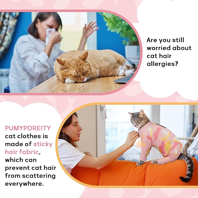 PUMYPOREITY Cat Hair Sticky Shirt – Breathable & Lightweight, Reduces Shedding Fur Pajamas, Prevents Licking Wounds After Surgery, Cat Sweaters - Soft & Machine Washable, Pink, L