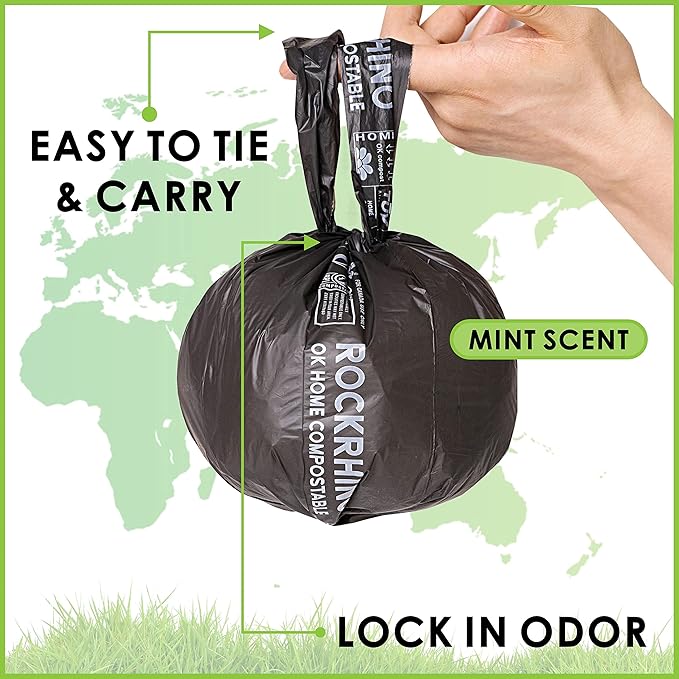 Ultra Thick RockRhino Dog Poop Bags - ECO Heavy Duty, Multi-Layer Bottom, 0% Plastic, 100% Home Compostable, Mint-Scented, Easy Open Tie Handles, Glove-Like Fit - 120 Bags