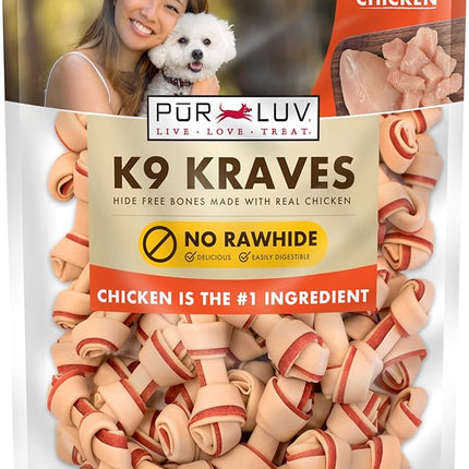 Pur Luv Dog Treats, K9 Kraves Rawhide Free Bone Dog Treat, Chicken Flavor, Made with Real Chicken, 20 Count, Healthy, Easily Digestible, Long-Lasting, High Protein, Satisfies Dog's Urge to Chew