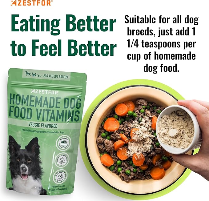 Azestfor Homemade Dog Food Vitamins Pre-Mix Powder – 24 Essential Nutrients – Supplement for Raw, Barf & Grain Free – for All Breeds & Ages – 16oz Veggie Flavored