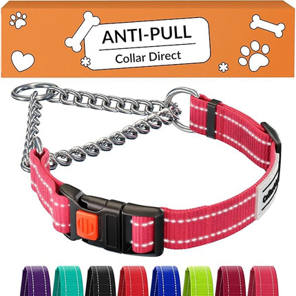 CollarDirect Martingale Dog Collar with Stainless Steel Chain and Quick Release Buckle - Reflective Collar for Large, Medium, Small Dogs - Pink, Medium (Neck Size 14"-17")