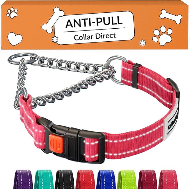 CollarDirect Martingale Dog Collar with Stainless Steel Chain and Quick Release Buckle - Reflective Collar for Large, Medium, Small Dogs - Pink, Small (Neck Size 12"-15")