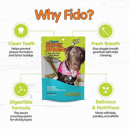 Fido - Super Breath Dental Care Bones for Dogs - 4 Count Large Dog Dental Treats for Large Dogs (Made in USA) - Tasty Dog Dental Chews Help Reduce Plaque, Tartar Buildup, and Freshens Breath