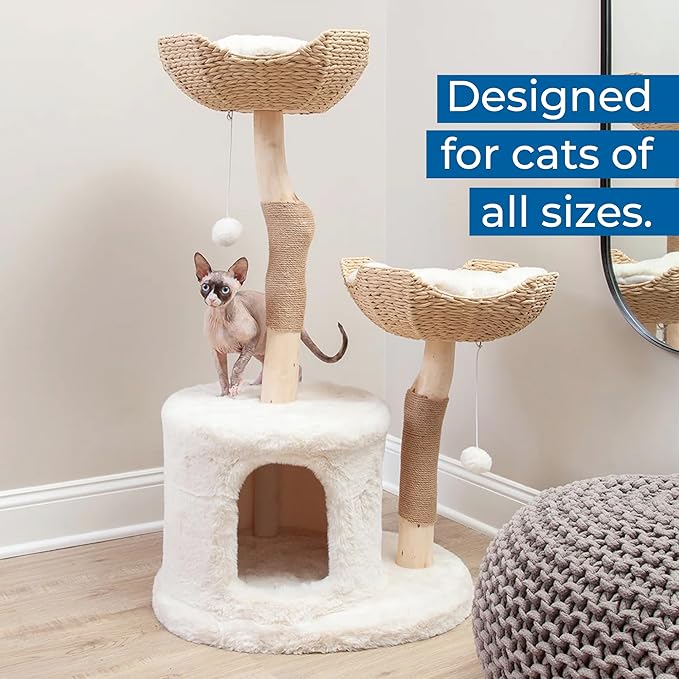 Habitat Haven The Bungalow Cat Tree - Luxury Cat Condo, Large Modern Indoor Tower with 2 Faux Fur Beds, Scratching Posts, Toys, and Den for Cats, 23.5-Inch Width x 18-Inch Depth x 43-Inch Height