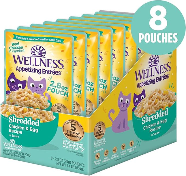 Wellness Appetizing Entrées Shredded, Adult Wet Cat Food, Natural, Protein-Rich, Grain-Free, 2.8 Ounce Pouch, 8 Pack, (Chicken & Egg Recipe)