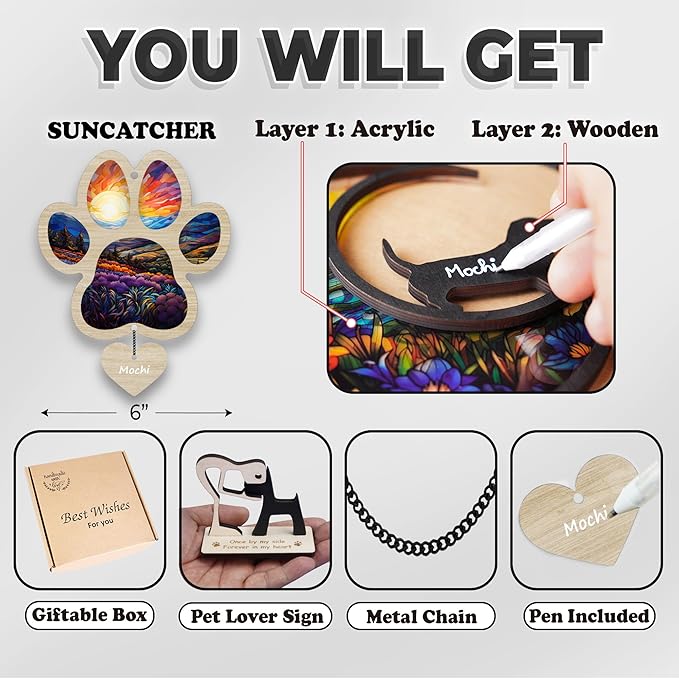 6'' Pet Paw Suncatcher Memorial Custom Name Dog Cat Ornament Window Hanging Sympathy Gift Loss of Pet Passing Away Bereavement Keepsake for Pet Lover Ideas Gift in Loving Memory