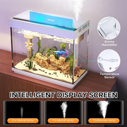 Fish Tank 2.4 Gallon Aquarium Kit with Humidifier 7-Color Auto-Looping 3 in 1 Quiet Pump with Filteration & Oxygenation & Circulation, Temperature Display, HD Glass