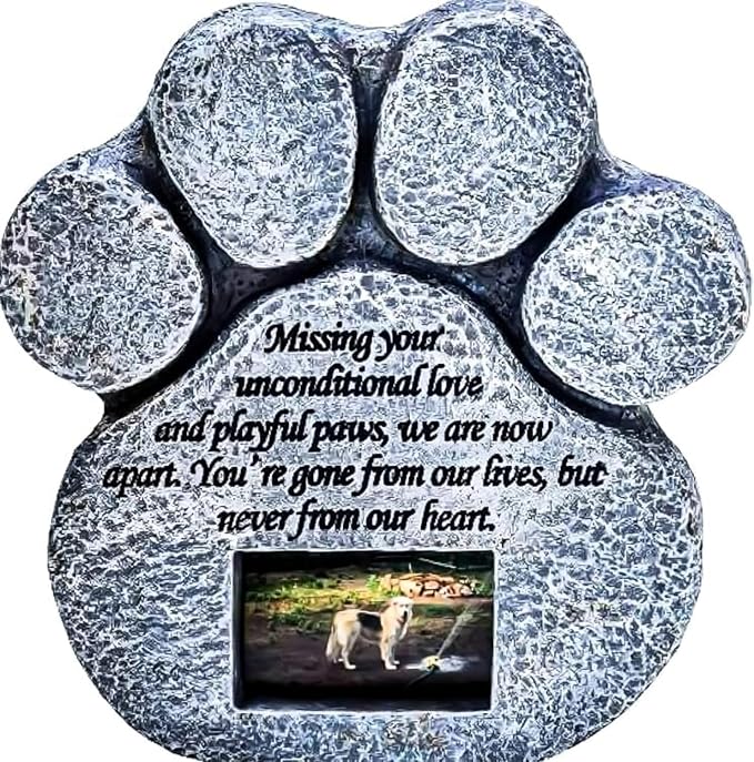 Pet Memorial Stone - Features a Paw Print Photo Frame and Sympathy Poem - Indoor Outdoor for Garden Backyard Marker Grave Tombstone - Loss of Pet Gift - Loss of Dog Gift