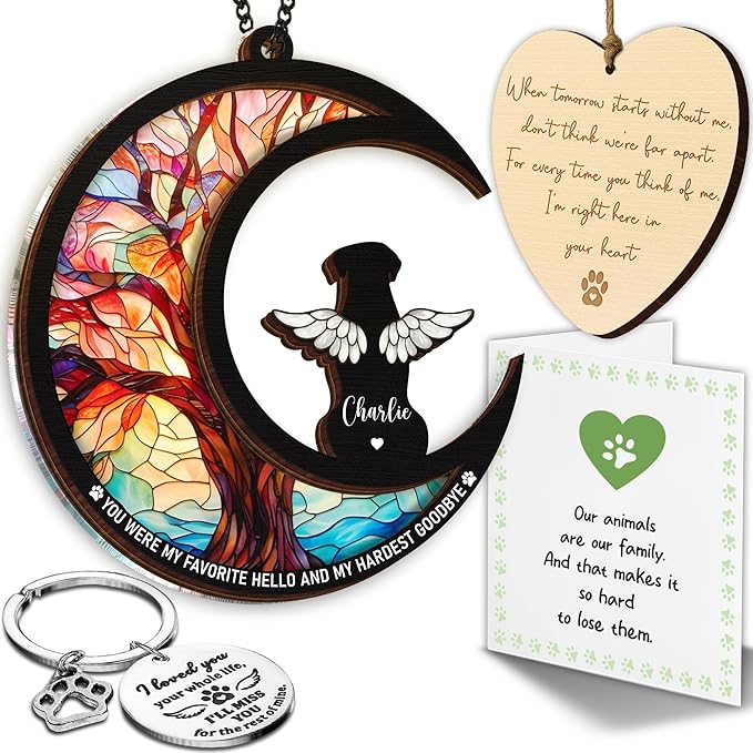 Personalized Angel Dog Memorial Suncatcher, Engraved Pet Memorial Ornament, Pet Sympathy Keychain, Loss of Animal Sympathy Card, Rainbow Bridge Dog Loss Gift, Bereavement Suncatcher Hanging