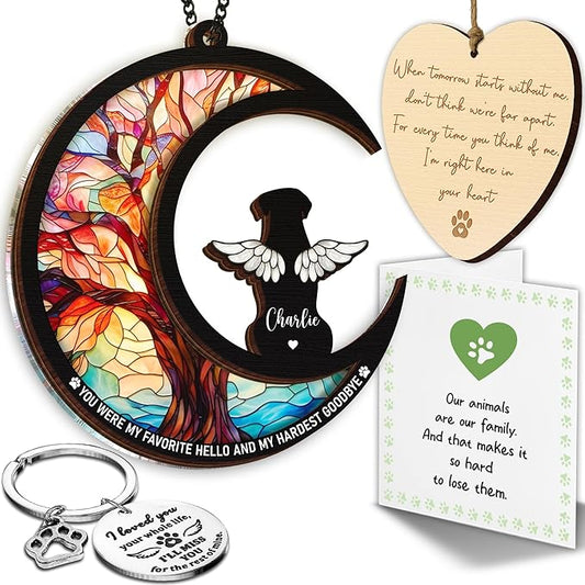 Personalized Angel Dog Memorial Suncatcher, Engraved Pet Memorial Ornament, Pet Sympathy Keychain, Loss of Animal Sympathy Card, Rainbow Bridge Dog Loss Gift, Bereavement Suncatcher Hanging