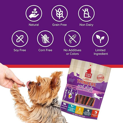 Plato Pet Treats Thinkers - Meat Sticks for Dogs - Limited Ingredient Treats with EPA and DHA to Support Skin, Coat, and Brain - Air-Dried - Lamb 10oz