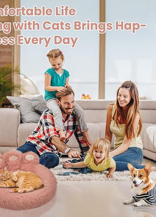 Calming Dog Bed Cat Bed Medium Size Dog - Donut Washable Medium Pet Bed, Warm Kitten Nest 24 inches Anti-Slip Round Fluffy Plush Faux Fur Cat Bed, Fits up to 25 lbs Pets, (Luxury Pink)