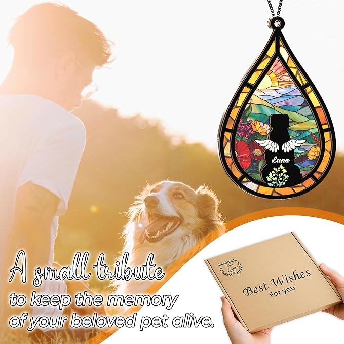 Personalized Angel Dog Memorial Suncatcher, Dog Cat Suncatcher Remembrance Gift, Engraved Pet Memorial Ornament, Pet Sympathy Keychain, Animal Loss Sympathy Card, Rainbow Bridge Pet Loss Gift