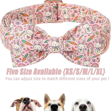Easter Dog Collar with Bow Tie - Bunny Pattern Pink Bowtie Adjustable Heavy Duty Spring Collar for Small Medium Large Dogs XL