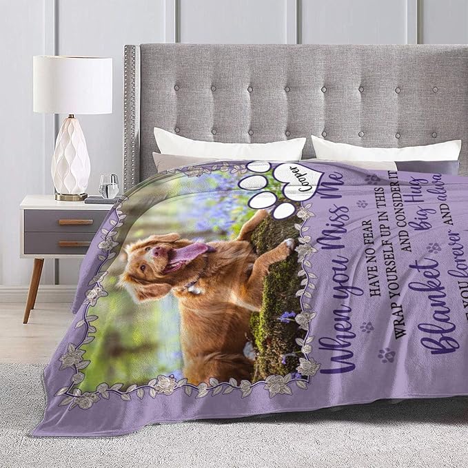 Custom Pet Memorial Blanket with Photo,Personalized Dog/Cat Loss Sympathy Gift,Pet Loss Bereavement Remembrance Gifts,Flannel Throw Blanket with Pictures (Purple)