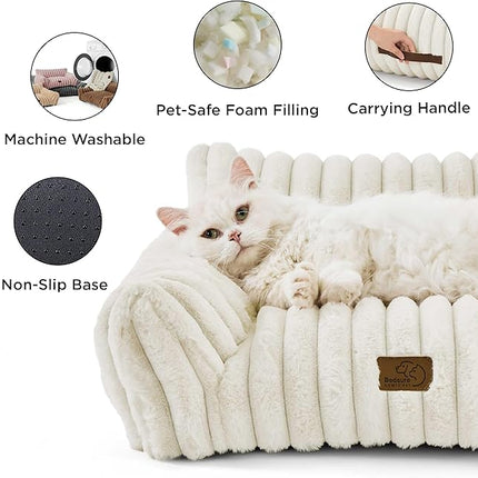 Bedsure Cute Cat Couch for Pets - Fluffy Dog Bed Small Medium Size Dog with Premium Soft Corduroy Fleece, Pet Sofa with Removable Washable Cover, Supportive Couch Bed for Small Dogs, 30inch, Cream
