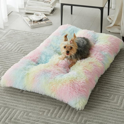 BFPETHOME Dog Beds for Large Dogs, Plush Dog Crate Bed Fluffy Cozy Kennel Pad for Sleeping &Ease Anxiety, Washable Pet Mats with Anti-Slip Bottom for Large Medium Dogs, Pet Bed, Rainbow