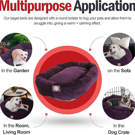 Majestic Pet 24 Inch Micro Velvet Calming Dog Bed Washable – Cozy Soft Round Dog Bed with Spine for Head Support - Fluffy Donut Puppy Mat 24x19x7 (inch) Small – Aubergine