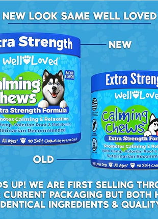 Calming Chews for Dogs - Dog Calm Treats, Made in USA, Vet Recommended, Behavior Support with Melatonin & Hemp, Stress, Separation, Fireworks, Travel, Extra Strength