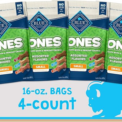 Blue Buffalo Bones Small Natural Dog Treats, Crunchy Dog Biscuits, Assorted Flavors - Beef, Chicken, Bacon Flavors, 16-oz. Bag (4 Pack)