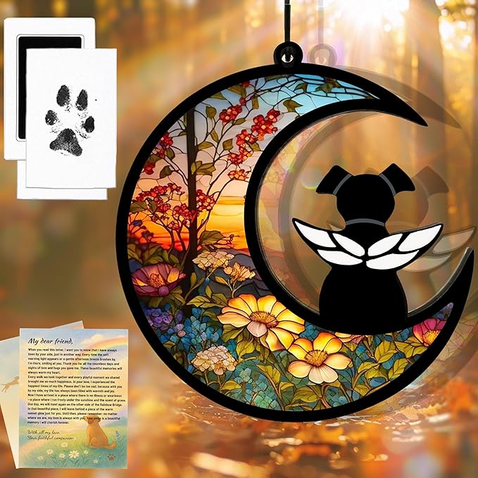Dog Memorial Gift for Loss of Dog – DIY Angel Memorial Suncatcher & Paw Print Kit for Dogs with Sympathy Card | Pet Memorial Keepsake(Floral Memory Field)