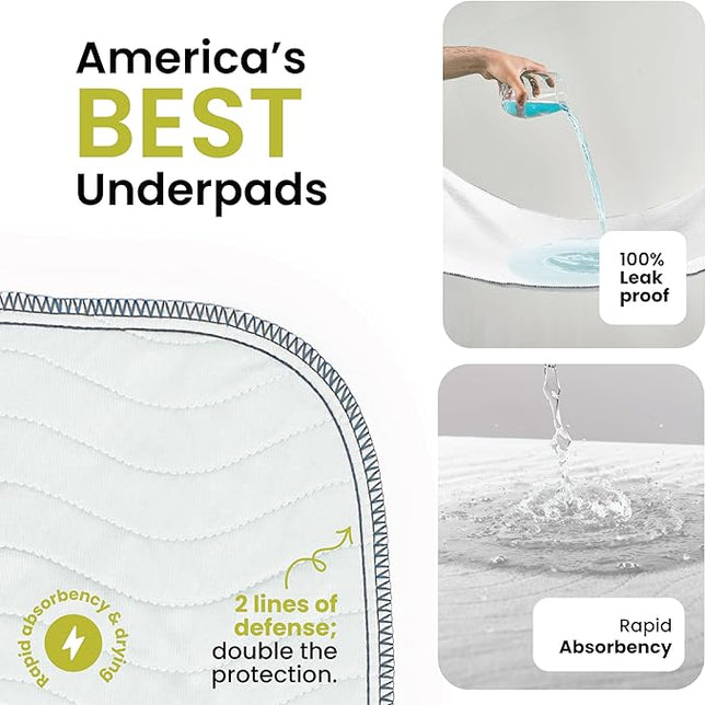 IMPROVIA® Washable Underpads, Heavy Absorbency Reusable Incontinence Pads for Kids, Adults, Elderly, and Pets - Waterproof Protection Floor White & White (4 Pack - 34x36)