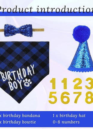 Cat Birthday Party Supplies, Cat Birthday Hat with Number, Bandana, Bow Tie, Cats Apparel Outfits for Birthdays Decorations （Blue）