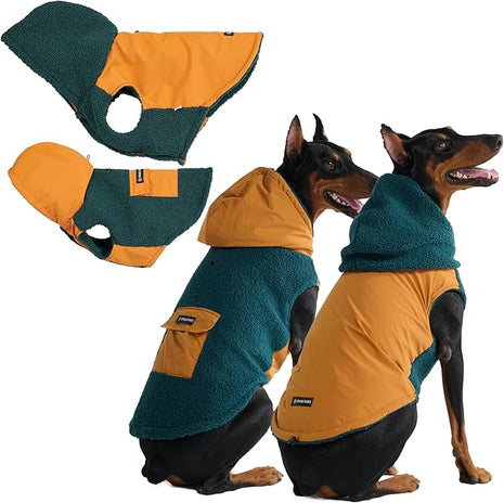Spark Paws Reversible Fleece Dog Jacket, Hooded Sweater Vest, Warm Coat for Winter - Suitable for Small Medium Large XL XXL Dogs - Orange and Green - 3XL