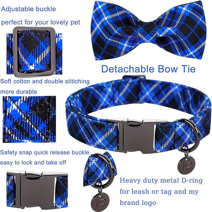 Dog Collar With Bow Tie, Cotton Bowtie for Medium Girl Boy, Holiday Blue With Durable Metal Buckle, Cute Plaid Pet Collar, M
