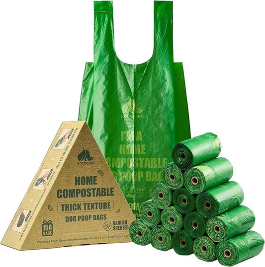Ultra Thick & Deep RockRhino Dog Poop Bags for Large & XL Breeds | 4-Layer Interlocked Bottom | 100% Home Compostable, 0% Plastic | Vanilla-Scented | 150 Bags, Easy Open Tie Handles, Not for Scooper