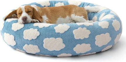 LE SURE Donut Dog Beds Large Sized Dog - Round Pet Beds for Calming Puppy with Washable Cover, Orthopedic Modern Beds with Jacquard Shaggy Plush & Anti Slip Bottom, 33 Inch，Blue