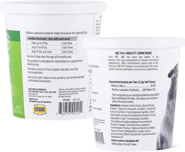 GNC Pets Essentials Digestion Dog Supplements, Probiotic Support Soft Chews in Bacon Flavor for Dogs, Daily Digestion Aid in Reusable Container - Puppy & Adult Pet Health Supplement, 60 Count